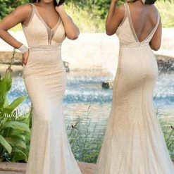 Discontinued Envious Couture 1601 Shimmer Mesh Long Fitted Prom Dress Gold Ombre V Neckline Ombre Dresses