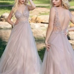 Discontinued Envious Couture 1619 Sheer Beaded Tulle Mauve A Line Prom Dress Evening Gown