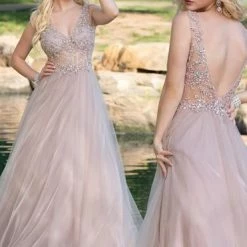 Discontinued Envious Couture 1619 Sheer Beaded Tulle Mauve A Line Prom Dress Evening Gown