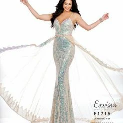 Sequin Dresses Envious Couture E1716 Sequin Prom Dress Iridescent V Neckline Sheer Overskirt 1716