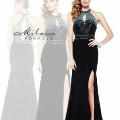In Stock CLEARANCE Milano Formals 1854 Black Size 00 Embellished Keyhole Neckline Long Prom Dress Slit