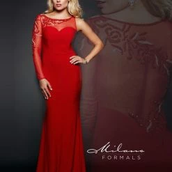 In Stock Milano Formals 1861 Red Size 6 Long Prom Dress Pageant Gown One Sleeve Long Sleeve Dresses