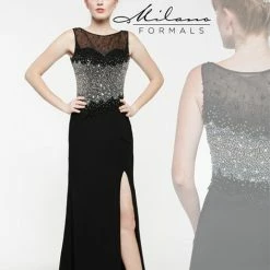 In Stock Long Sleeve Dresses Milano Formals 1864 Size 2, 6 Long Black Formal Beaded Evening Dress High Neck