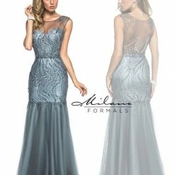 In Stock Milano Formals 1907 Size 6 Charcoal Sheer Formal Evening Gown Long Fitted Mermaid Dresses