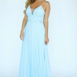 In Stock Jolene E20001 Size 6 Long Chiffon V Neck Floral Applique Prom Dress Formal Gown Flowing