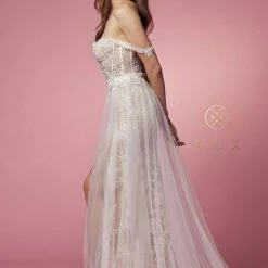 Nox Anabel E441 Off The Shoulder Sheer Lace Wedding Dress Slit Overskirt Bridal Gown Boho