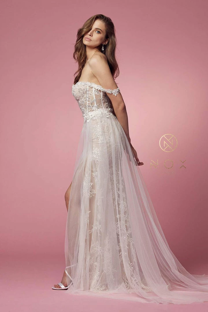 In Stock Nox Anabel E441 Size 4, 10, 14 Off The Shoulder Sheer Lace Wedding Dress Slit Overskirt Bridal Gown Boho 11 In Stock Nox Anabel E441 Size 4, 10, 14 Off The Shoulder Sheer Lace Wedding Dress Slit Overskirt Bridal Gown Boho