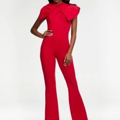Ashleylauren Ashley Lauren 11098 Jumpsuit Large Bow Neckline Scuba Flared Legs
