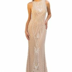 Discontinued Long Sleeve Dresses Primavera Couture 3227 Long Column High Neck Formal Dress Evening Gown