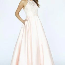In Stock Jolene Exclusive E90002 Size 16 Long Ballgown Pockets Lace High Neck Prom Dress Sheer Ballgown Dresses
