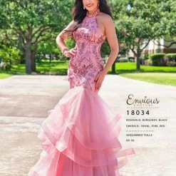 Mermaid Dresses Envious Couture 18034 High Neckline Sequin Mermaid Prom Dress Ruffle Gown