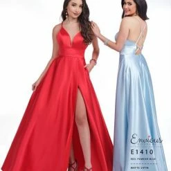 Envious Couture E 1410 Satin Prom Dress Slit Pockets Gown V Neck A Line Evening Gown