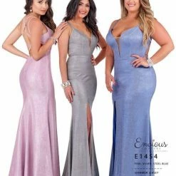 In Stock Envious Couture E 1454 Silver Prom Dress Size 4 Long Fitted Iridescent Shimmer Slit V Neck