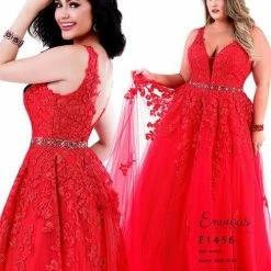In Stock Ballgown Dresses Envious Couture E 1456 Blush Prom Dress Size 14 Long Applique Tulle Plunging Neckline Sheer Back