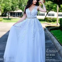 In Stock Ballgown Dresses Envious Couture E 1456 Blush Prom Dress Size 14 Long Applique Tulle Plunging Neckline Sheer Back