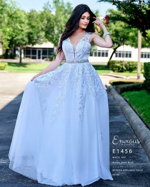 Ballgown Dresses Envious Couture E 1456 Long Applique Tulle Prom Dress Plunging Neckline Sheer Back 7 Ballgown Dresses Envious Couture E 1456 Long Applique Tulle Prom Dress Plunging Neckline Sheer Back