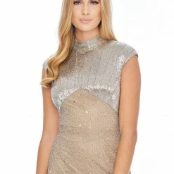 Ashleylauren Ashley Lauren 4331 Cap Sleeve High Neck Liquid Beading Cocktail Dress