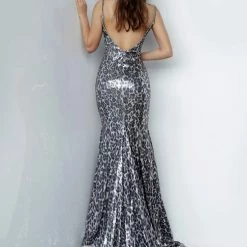 Jovani 4087 Sequin Animal Print Long Prom Dress V Neck Formal Gown Sheer