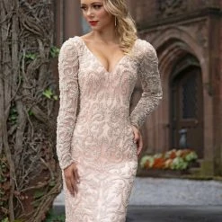 Discontinued Long Sleeve Dresses Primavera Couture 3173 Pewter Long Sleeve Beaded Evening Gown