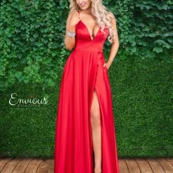 Envious Couture E 1410 Satin Prom Dress Slit Pockets Gown V Neck A Line Evening Gown