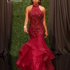 Envious Couture 18034 Mermaid Prom Dress High Neck Sequin Embellished Ruffle Mermaid Dresses