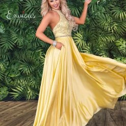 In Stock Envious Couture E1404 Yellow Prom Dress Size 2 Long Satin Embellished High-Neckline