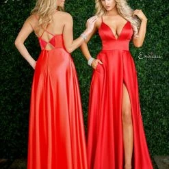 Envious Couture E 1410 Satin Prom Dress Slit Pockets Gown V Neck A Line Evening Gown