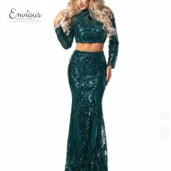 Envious Couture 1463 Long Sleeve Two Piece Sequin Prom Dress High Neckline