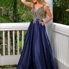 Envious Couture E1512 Long Satin Embellished Prom Dress Plunging Neck A Line Gown E 1512