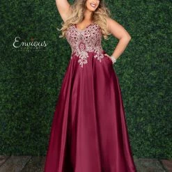 Envious Couture E1512 Long Satin Embellished Prom Dress Plunging Neck A Line Gown E 1512