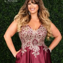 Envious Couture E1512 Long Satin Embellished Prom Dress Plunging Neck A Line Gown E 1512