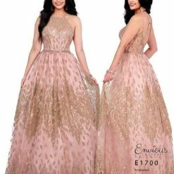 Envious Couture E1700 Rose Gold Prom Dress Ball Gown Sheer High Neckline Beaded 1700