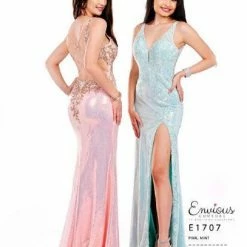 Envious Couture E1707 Mint Prom Dress Sequins Fitted V Neckline Wide Straps Slit 1707 Backless Dresses