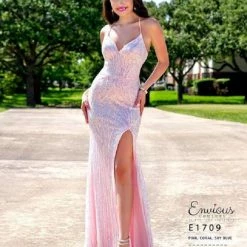 In Stock Envious Couture E1709 Size 0 Coral Sequin Prom Dress Fitted Backless Corset V Neckline Slit 1709 Backless Dresses