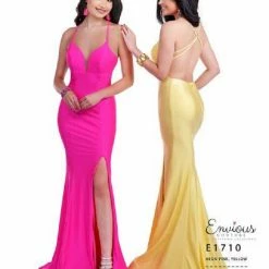 Envious Couture E1710 Neon Pink Prom Dress V Neckline Fitted Backless Sweeping Train 1710