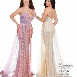 Sequin Dresses Envious Couture E1716 Sequin Prom Dress Iridescent V Neckline Sheer Overskirt 1716