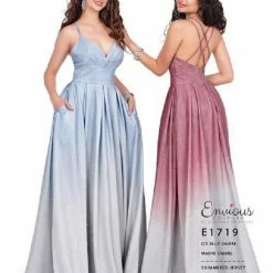 Envious Couture E1719 Ombre' Prom Dress Shimmer A Line Ruched V Neckline 1719 Prom Dresses