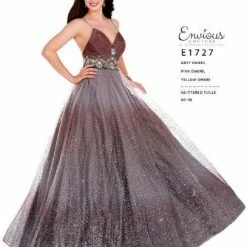 Ballgown Dresses Envious Couture E1727 Glitter Prom Dress A Line Ballgown V Neckline Embellished Waist 1727