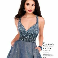 Envious Couture E1729 Iridescent Blue Prom Dress Shimmer Halter Backless A Line Slit Pockets 1729