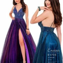 Prom Dresses Envious Couture E1735 Iridescent Prom Dress Embellished Bodice Wrap A Line Skirt Slit 1735