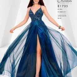 Prom Dresses Envious Couture E1735 Iridescent Prom Dress Embellished Bodice Wrap A Line Skirt Slit 1735