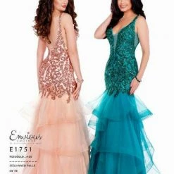 In Stock Envious Couture E1751 Size 4, 6 Mermaid Prom Dress Embellished V Neckline Ruffle Tulle Skirt 1751