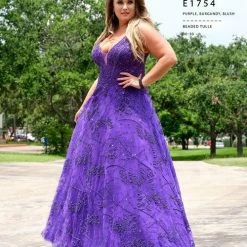Envious Couture E1754 A Line Prom Dress Beaded Tulle Glitter Shimmer V Neckline 1754