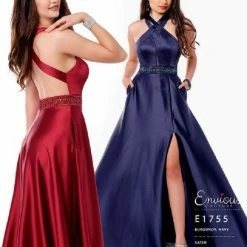 Backless Dresses Envious Couture E1755 Double Crisscross Neckline A Line Satin Skirt Slit Pockets 1755