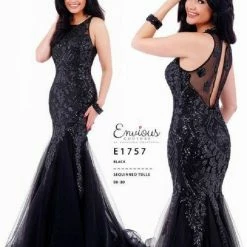 Envious Couture E1757 Black Prom Dress Sequined Tulle Mermaid Sheer High Neckline 1757 Mermaid Dresses