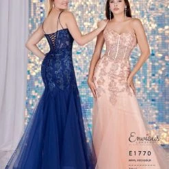 Mermaid Dresses Envious Couture E1770 Prom Dress Fitted Sweetheart Neckline Sheer Corset Lace Mermaid Tulle Godets 1770