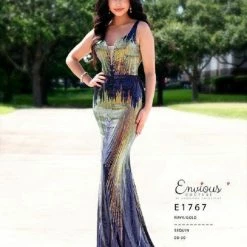 Envious Couture E1767 Navy Gold Sequins Prom Dress Long Fitted V Neckline Sheer 1767 Sequin Dresses