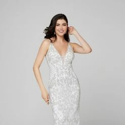 In Stock Primavera Couture 3433 Blush Prom Dress Long Beaded V Neckline Formal Dress Backless Dresses