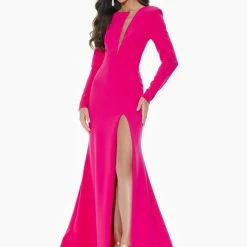 Ashleylauren Ashley Lauren 11018 Long Sleeve Scuba Evening Gown With Asymmetrical Cut Out