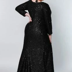 Sydney's Closet SC7320 Fitted Plus Sized Prom Dress Long Sleeves Scoop Neckline With Slit SC 7320 Long Sleeve Dresses